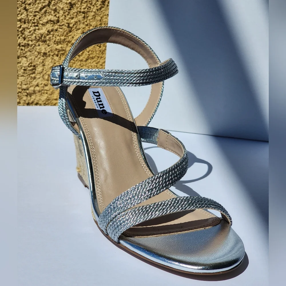 Dune London Women's Silver Kaia Ankle Strappy Wedges Sandals Size 8